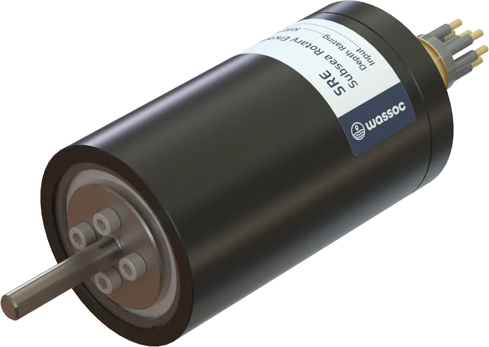 Wassoc's Subsea Rotary Encoder showing compact anodized aluminum housing and rotational shaft